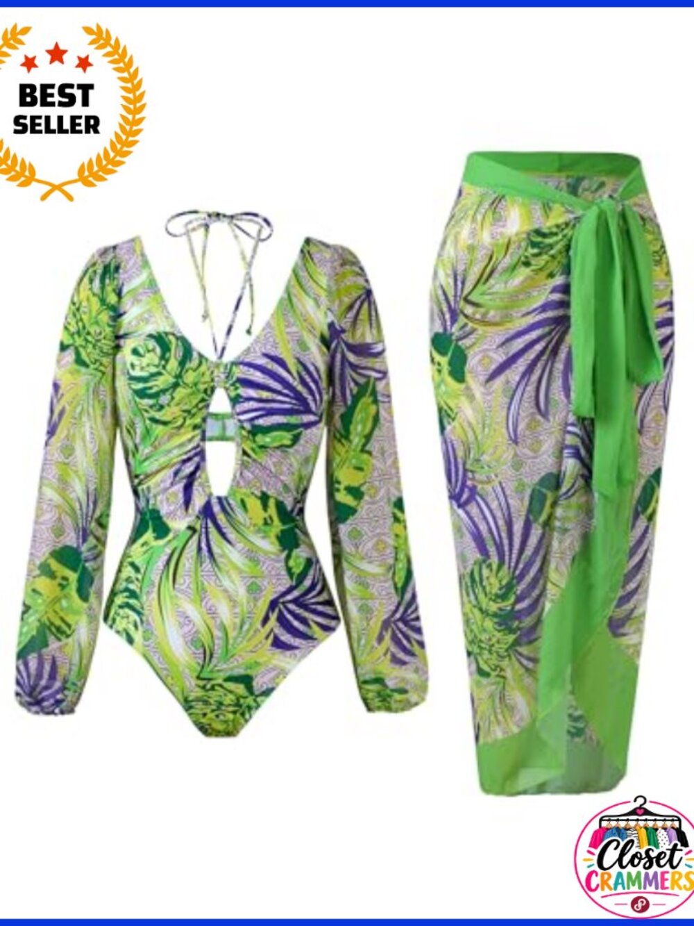 One Piece Swimsuit with Chiffon Cover Up Set Long Sleeve Retro